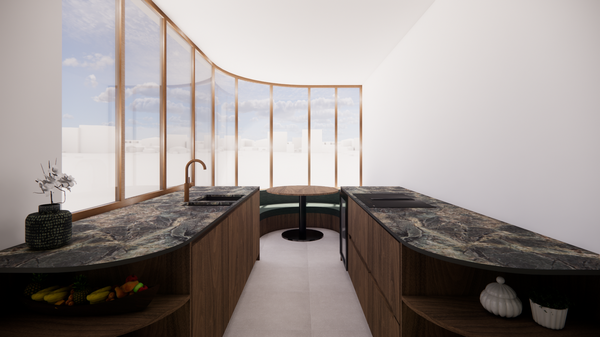 Stage — keuken met afgeronde glaswand