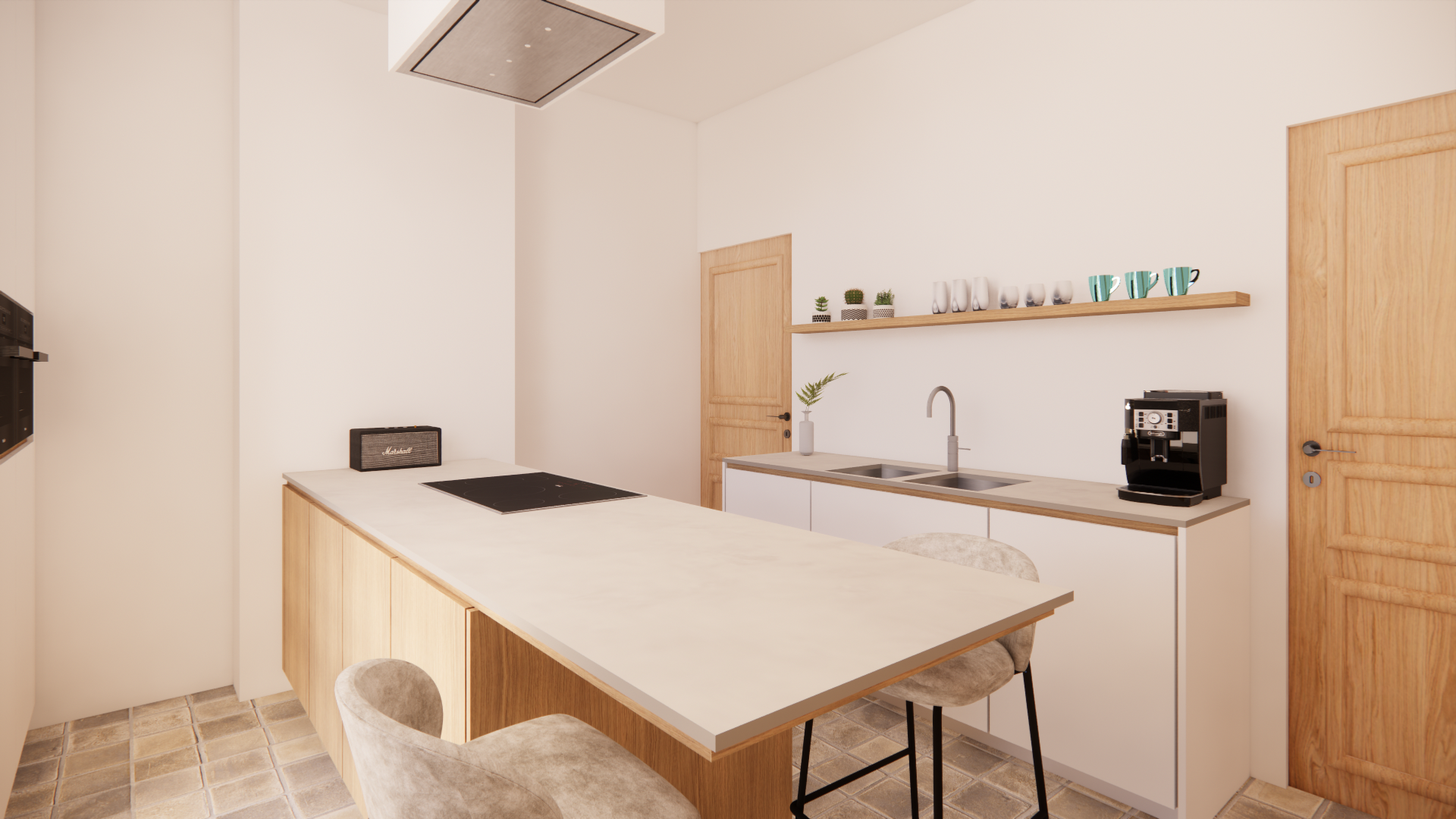 Stage — lichte keuken met houten tafel
