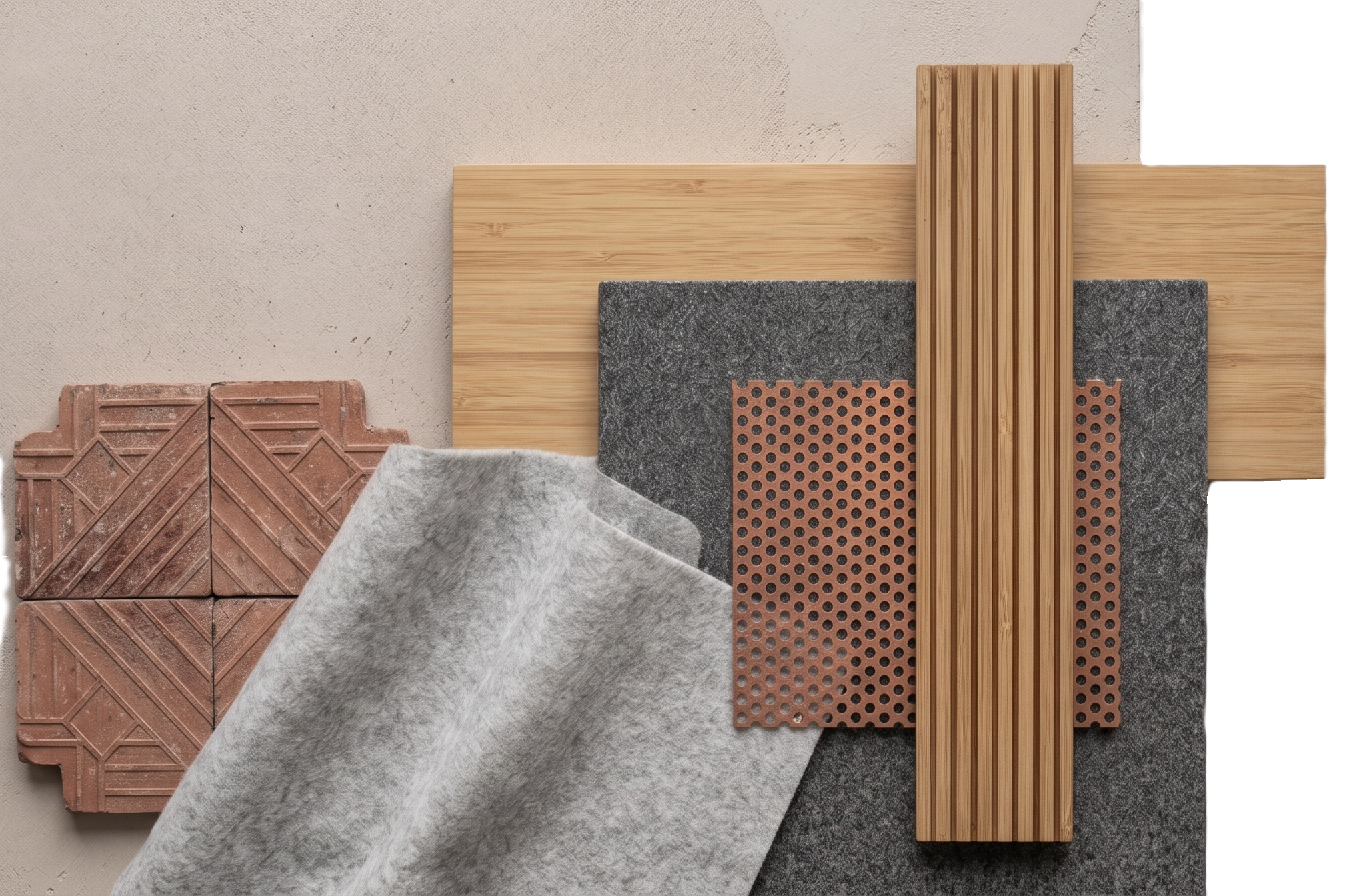 Materiaalbord van Nikkei Soiree met bamboe, graniet, terracotta, grijze wol en geperforeerd koper